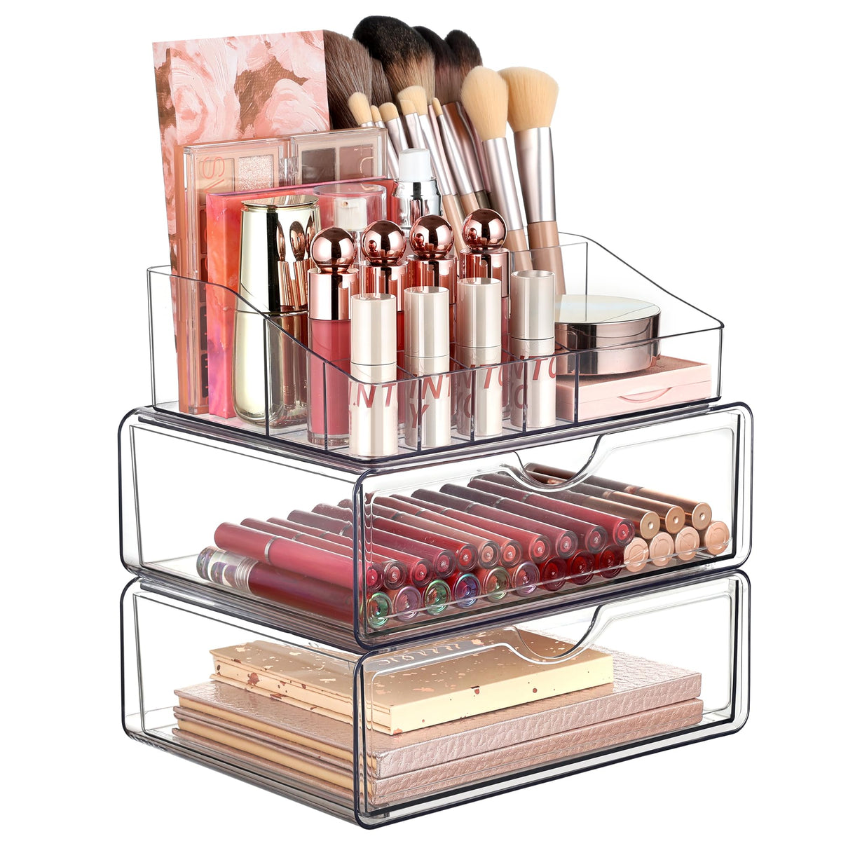 Vtopmart 3 Tier Clear Makeup Organizer front view with two drawers