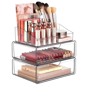 Vtopmart 3 Tier Clear Makeup Organizer front view with two drawers