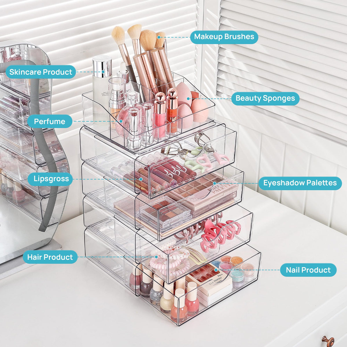 Vtopmart 3 Tier Clear Makeup Organizer showing anti-slip silicone pads
