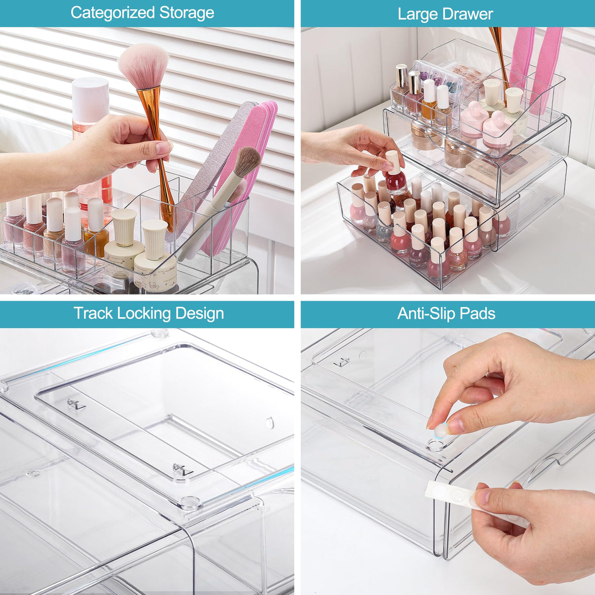 Vtopmart 3 Tier Clear Makeup Organizer with drawers partially open