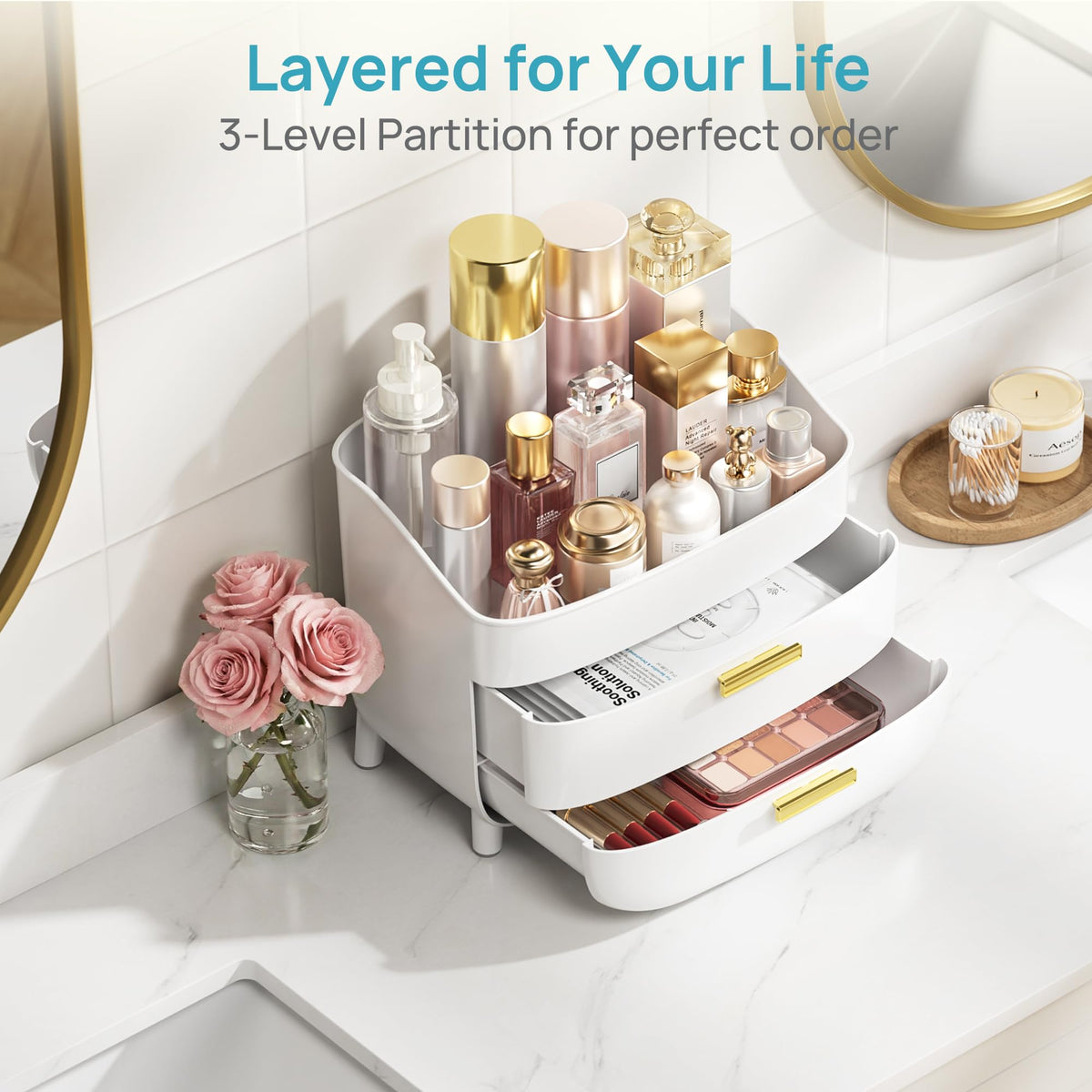 Vtopmart 3-Tier Makeup Organizer on a bathroom counter