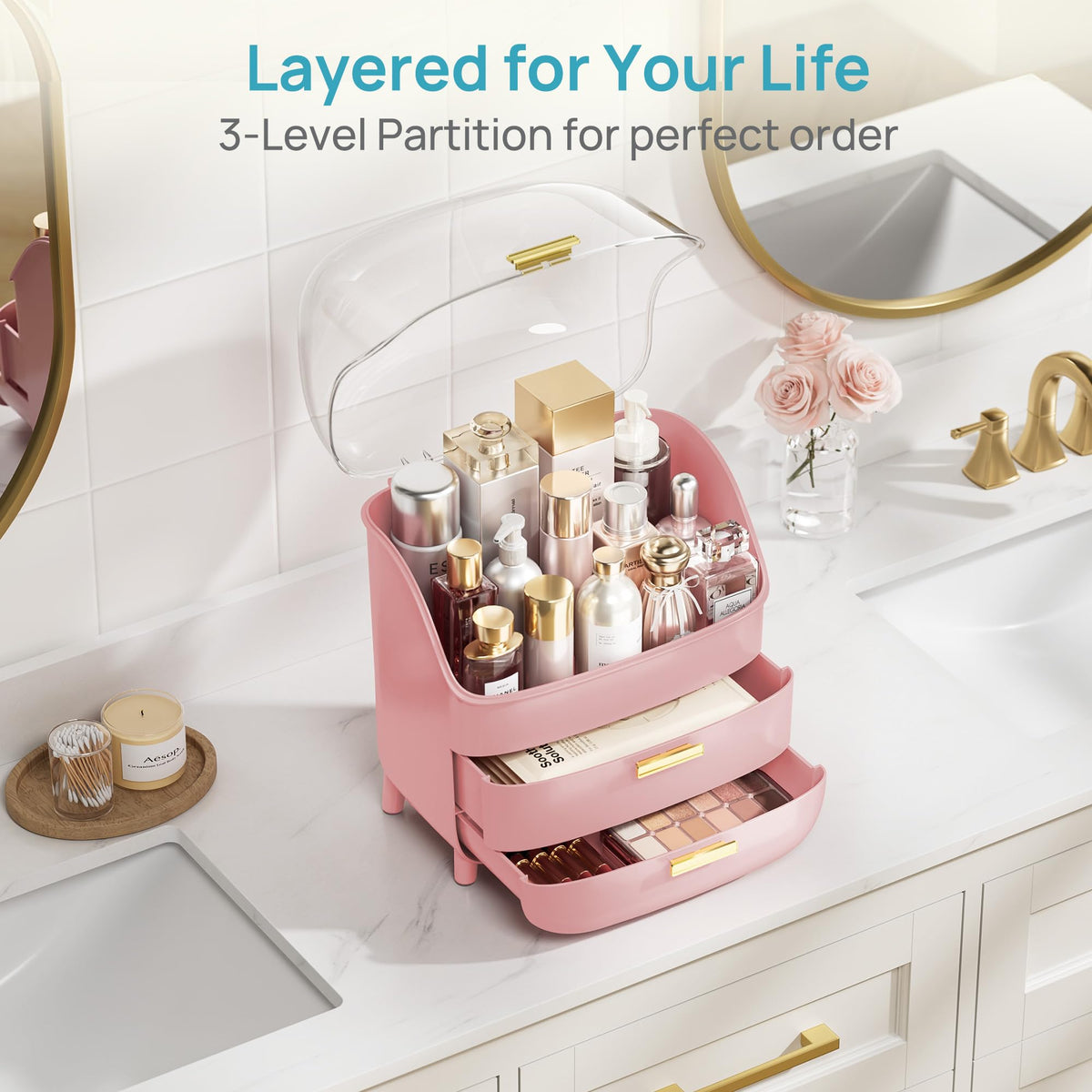 Vtopmart 3-Tier Makeup Organizer on a bathroom counter