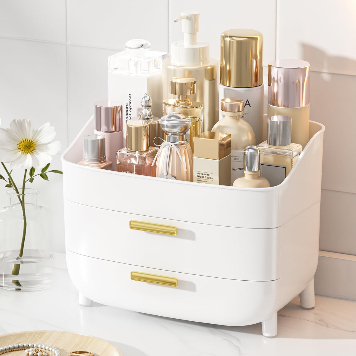 Vtopmart 3-Tier Skincare Makeup Organizer front view in white