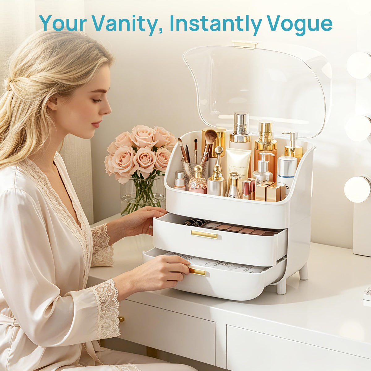 Vtopmart 3-Tier Skincare Makeup Organizer in a modern bathroom setting