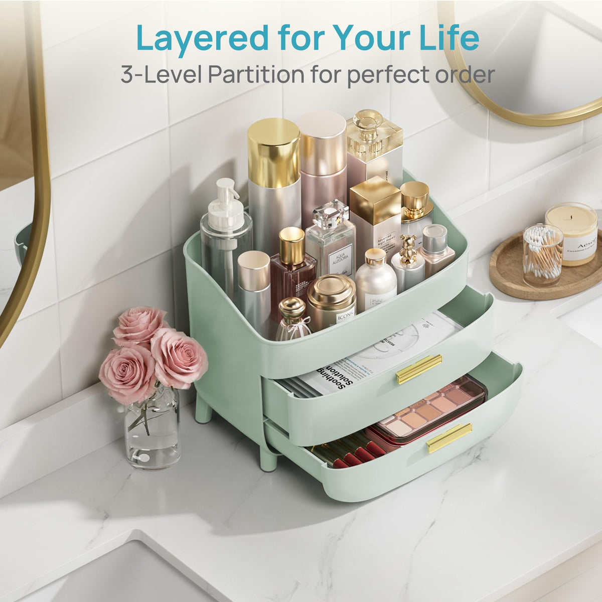 Vtopmart 3-Tier Skincare Makeup Organizer on vanity with cosmetics
