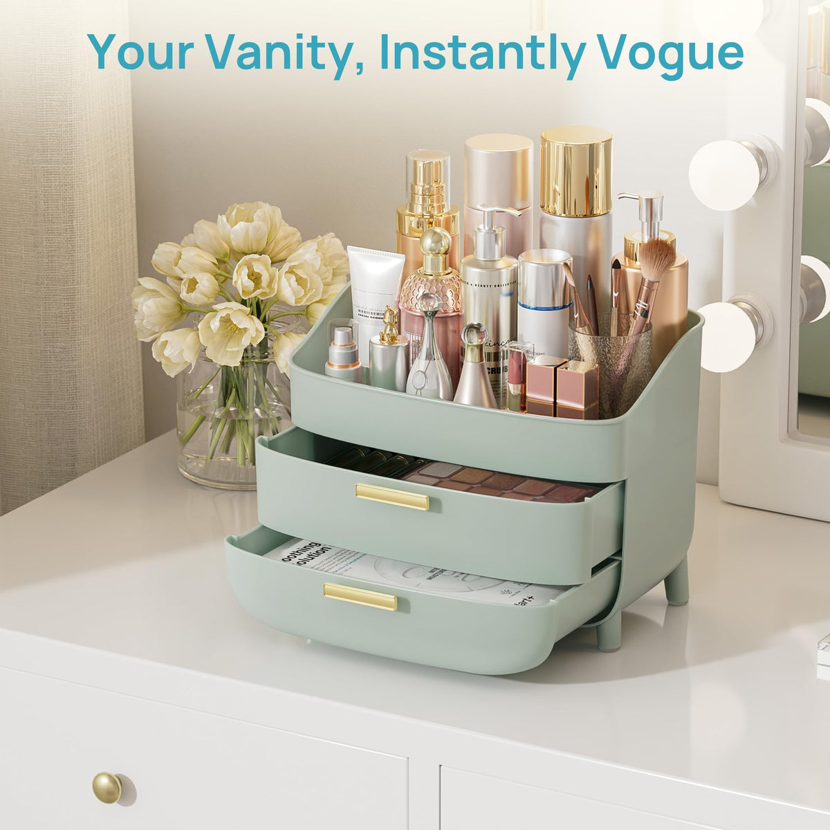 Vtopmart 3-Tier Skincare Makeup Organizer with various beauty items