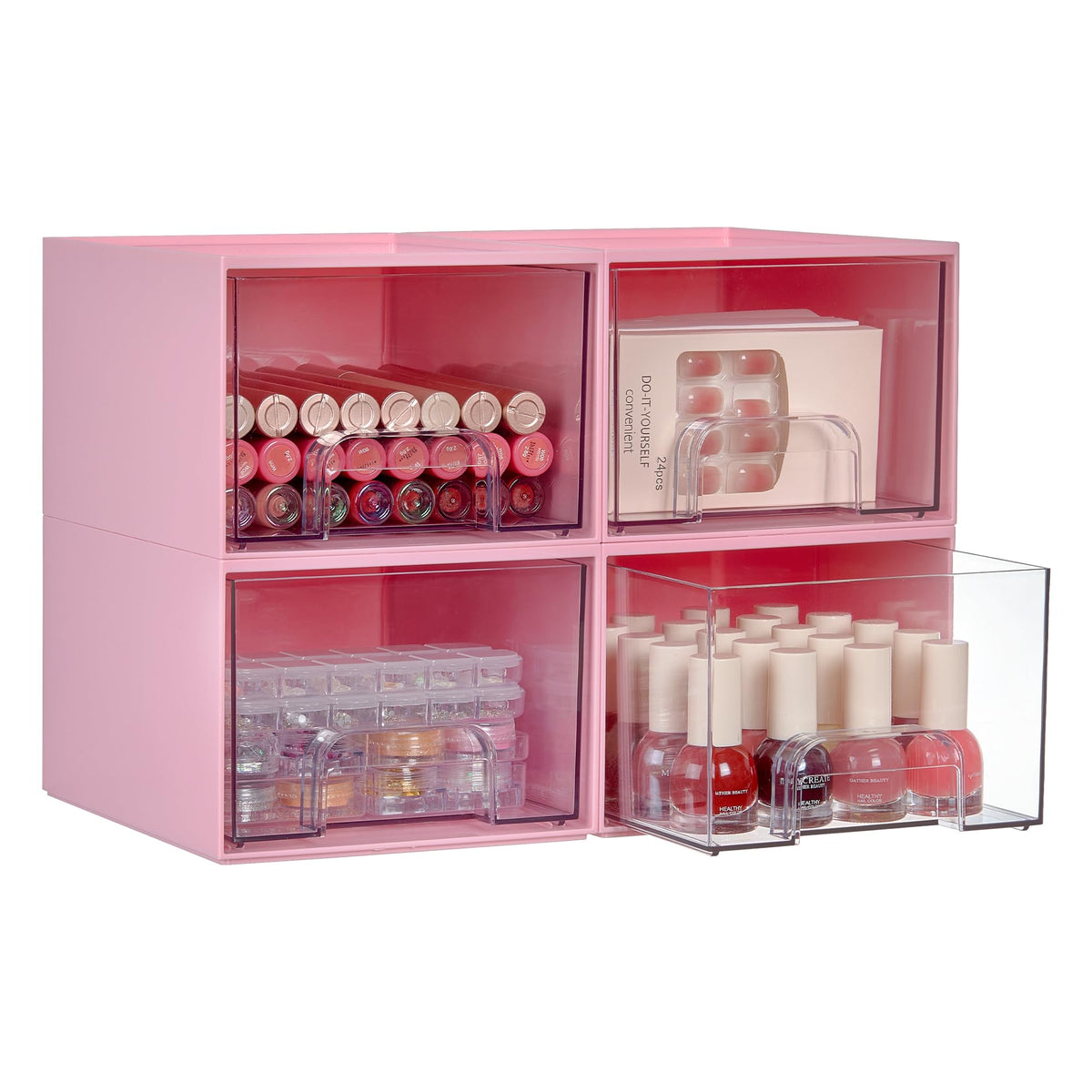 Vtopmart 4 Pack Small Clear Stackable Storage Drawers in pink front view