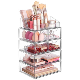 Vtopmart 5 Tier Clear Makeup Organizer front view with drawers