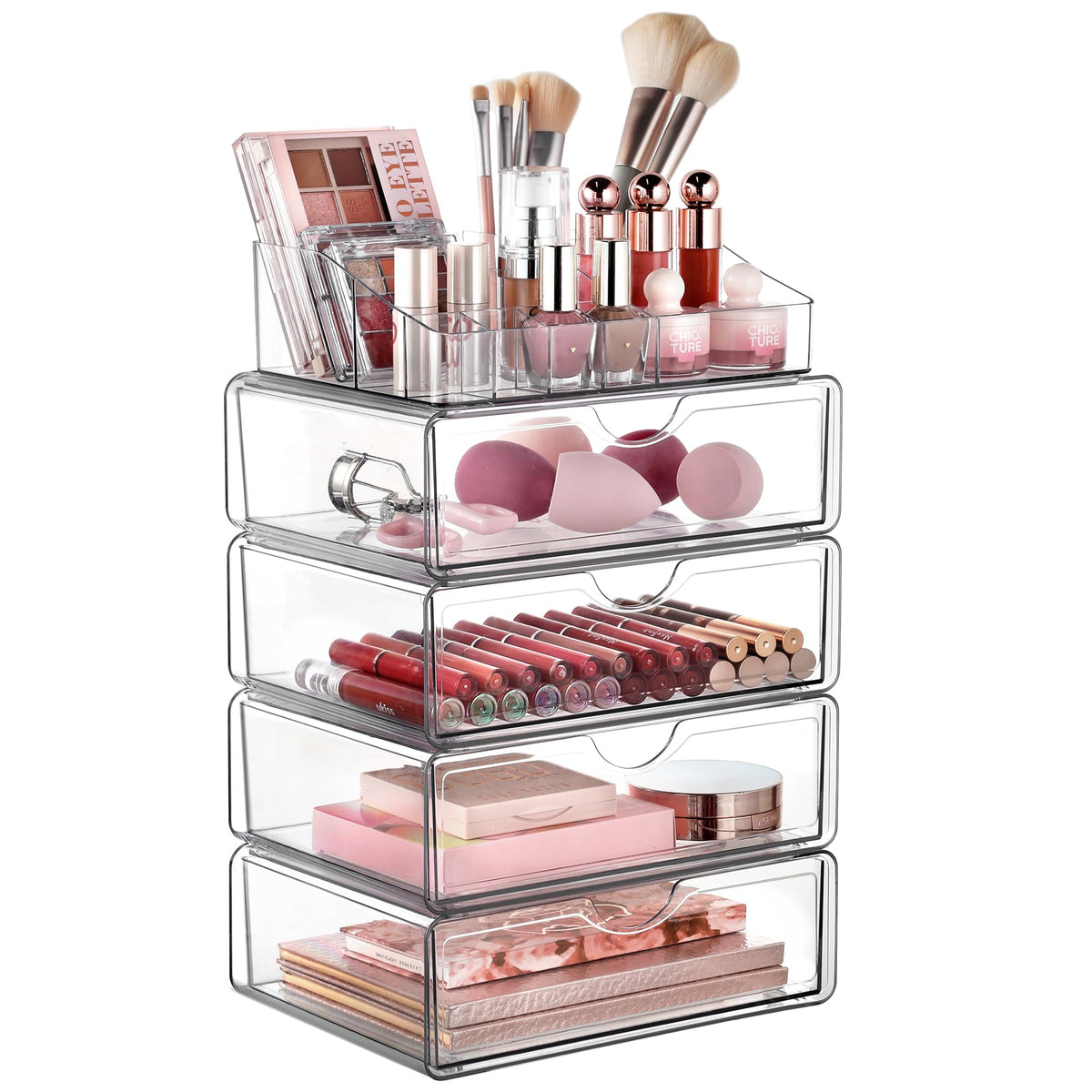 Vtopmart 5 Tier Clear Makeup Organizer front view with multiple compartments