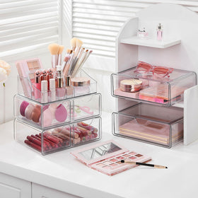 Vtopmart 5 Tier Clear Makeup Organizer in a stylish bathroom setting