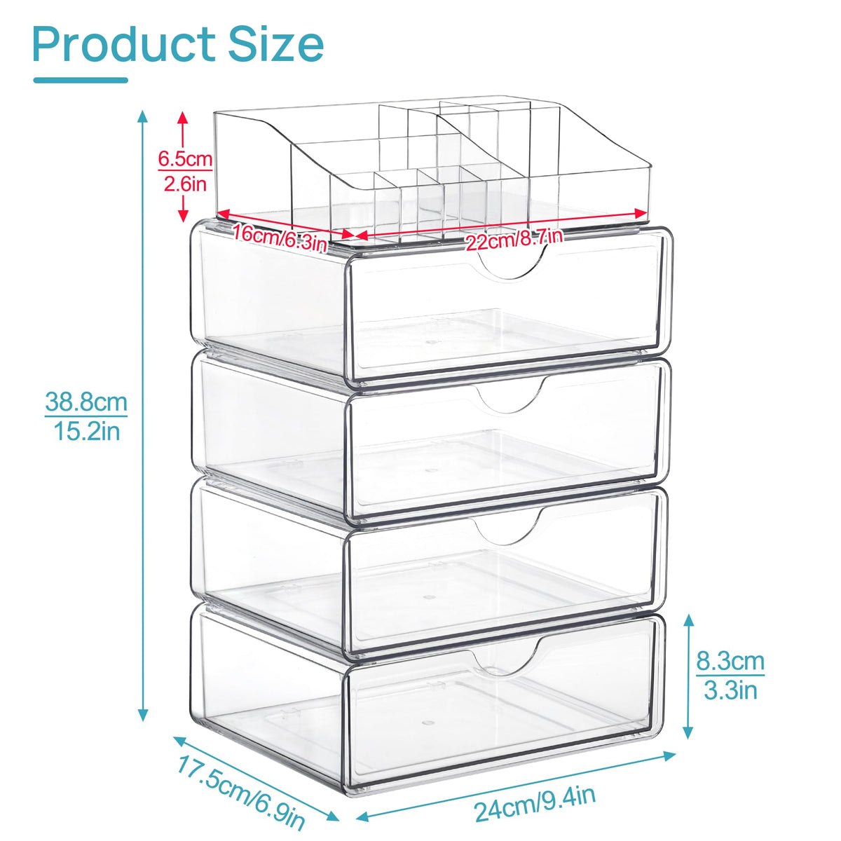 Vtopmart 5 Tier Clear Makeup Organizer on a bathroom vanity
