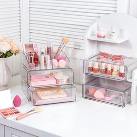 Vtopmart 5 Tier Clear Makeup Organizer showing spacious drawers