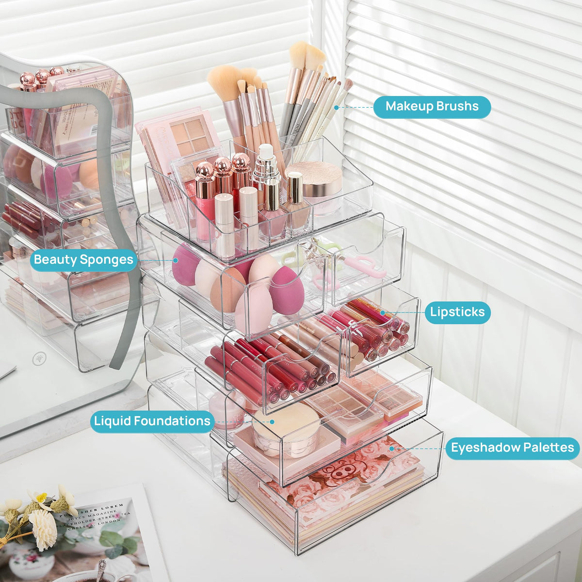 Vtopmart 5 Tier Clear Makeup Organizer side view showing compartments