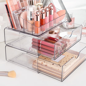 Vtopmart 5 Tier Clear Makeup Organizer with cosmetic products arranged