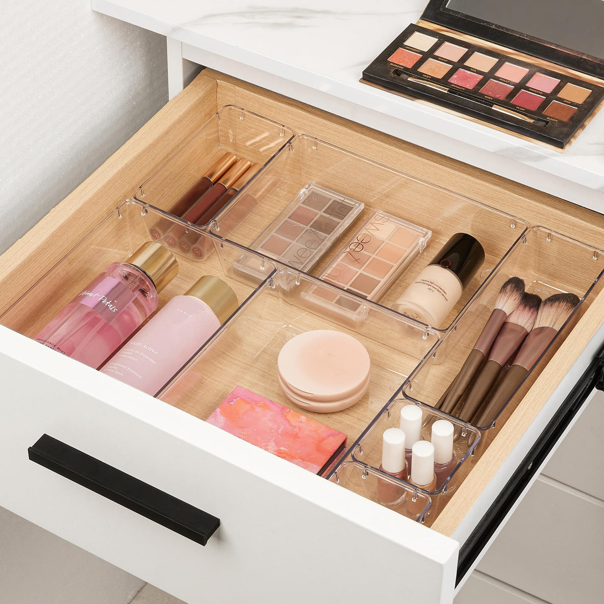 Vtopmart clear drawer organizer bins in a vanity drawer