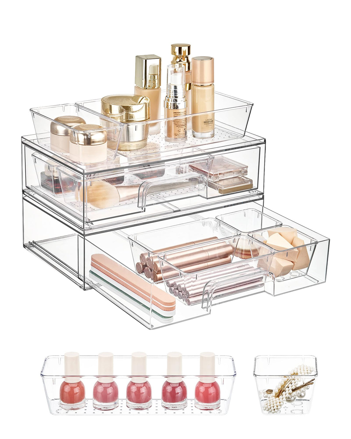 Vtopmart Clear Makeup Organizer Set front view with stackable drawers