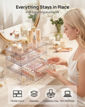 Vtopmart Clear Makeup Organizer Set side view with drawers stacked