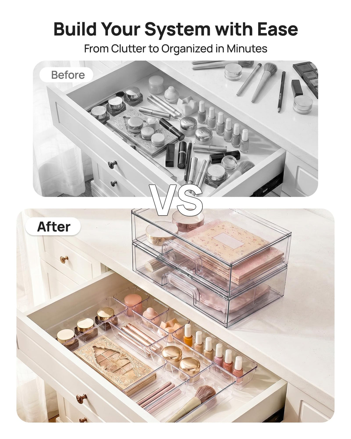 Vtopmart Clear Makeup Organizer Set with makeup brushes and palettes