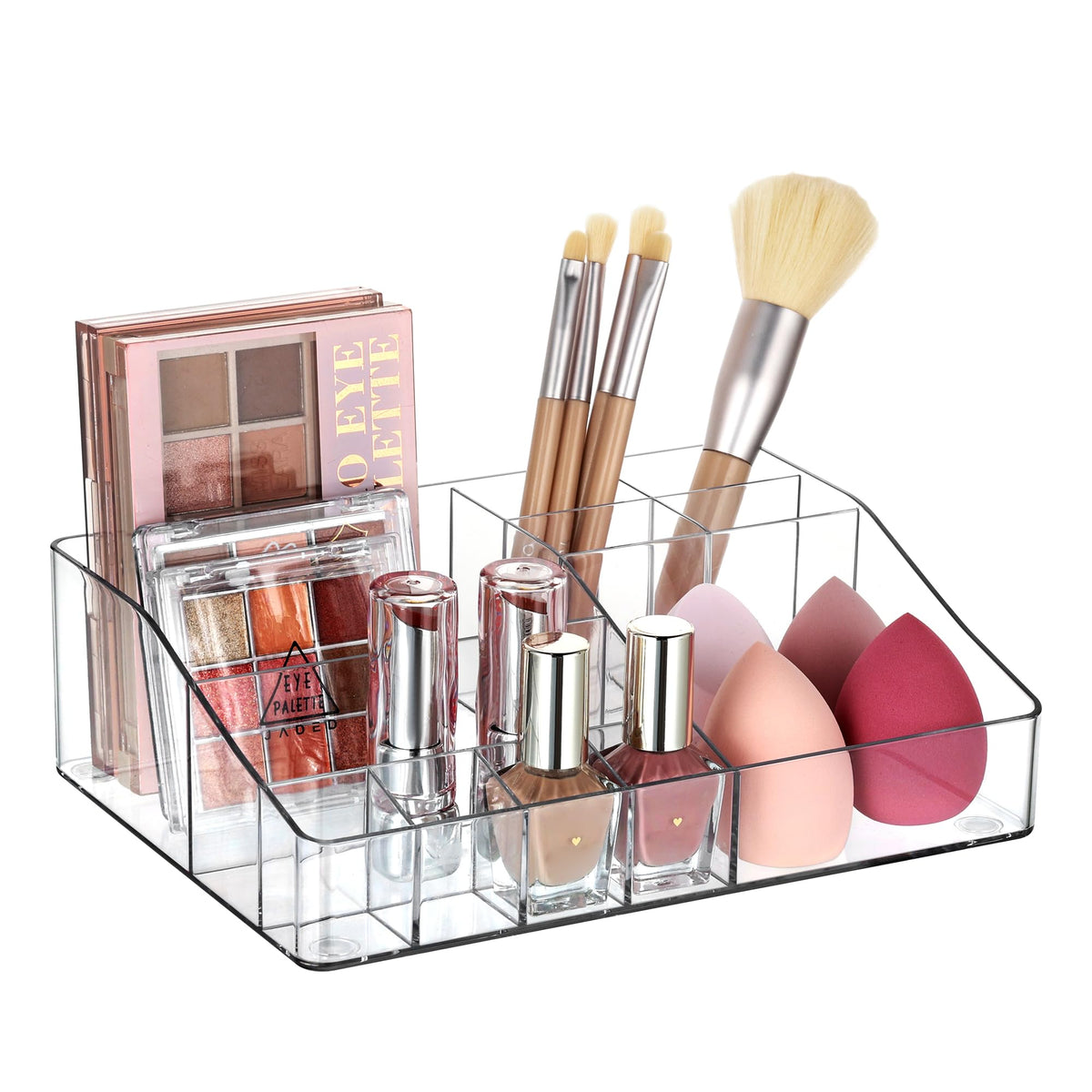 Vtopmart Clear Makeup Organizer Tray front view with cosmetics