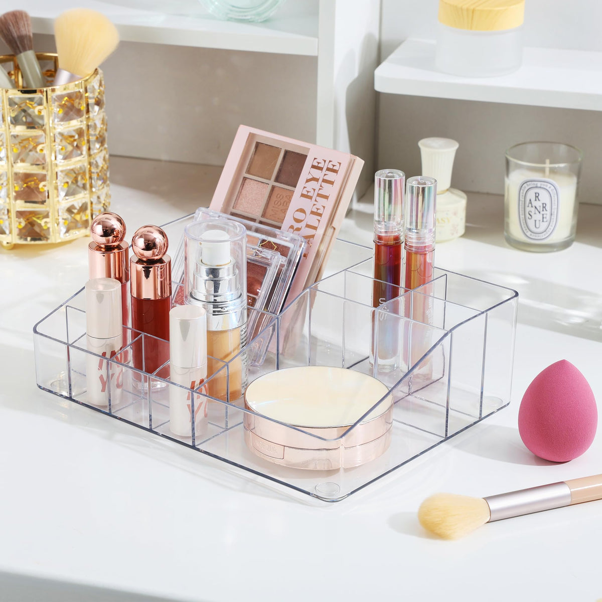 Vtopmart Clear Makeup Organizer Tray side view showing drawer