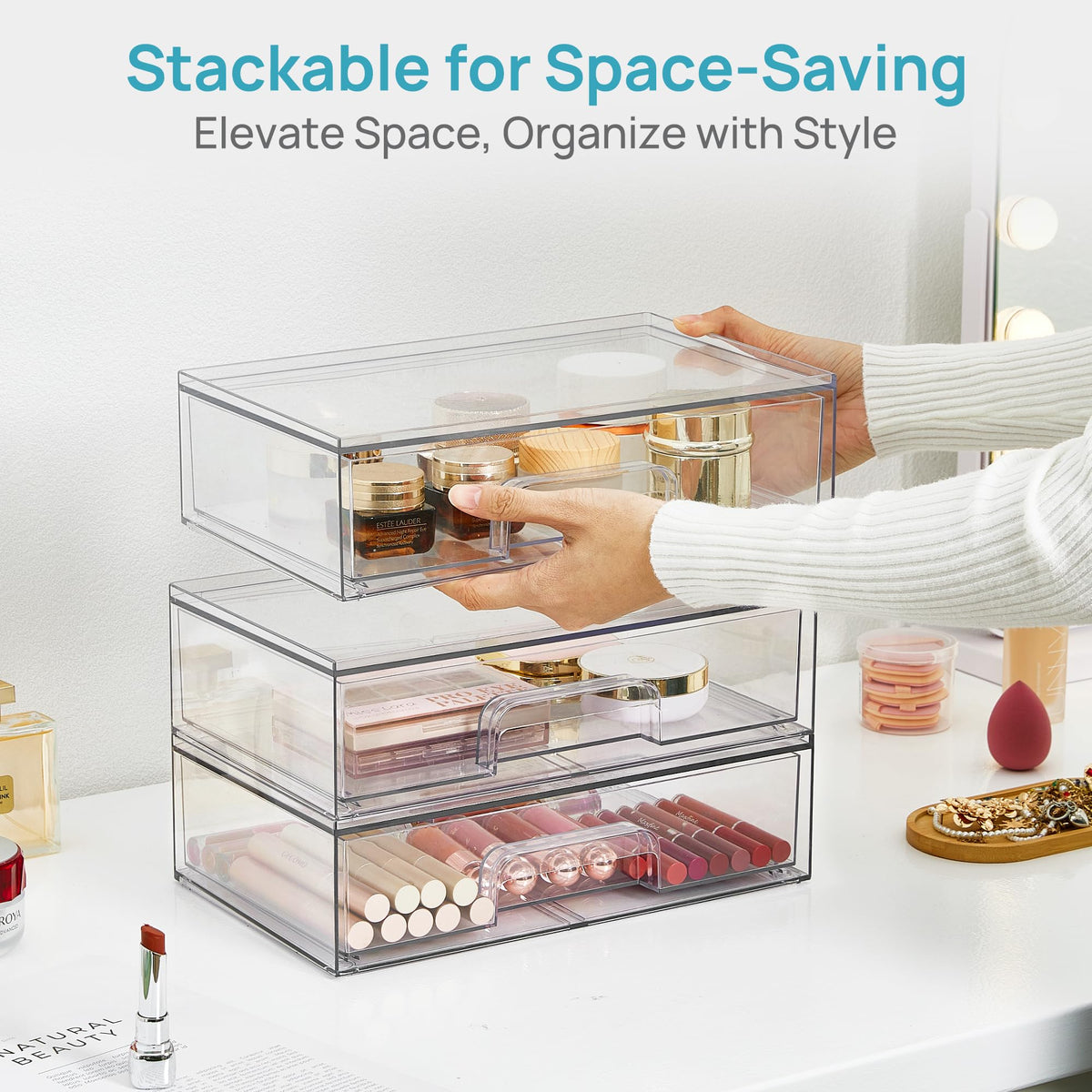 Vtopmart Clear Stackable Storage Drawers in kitchen