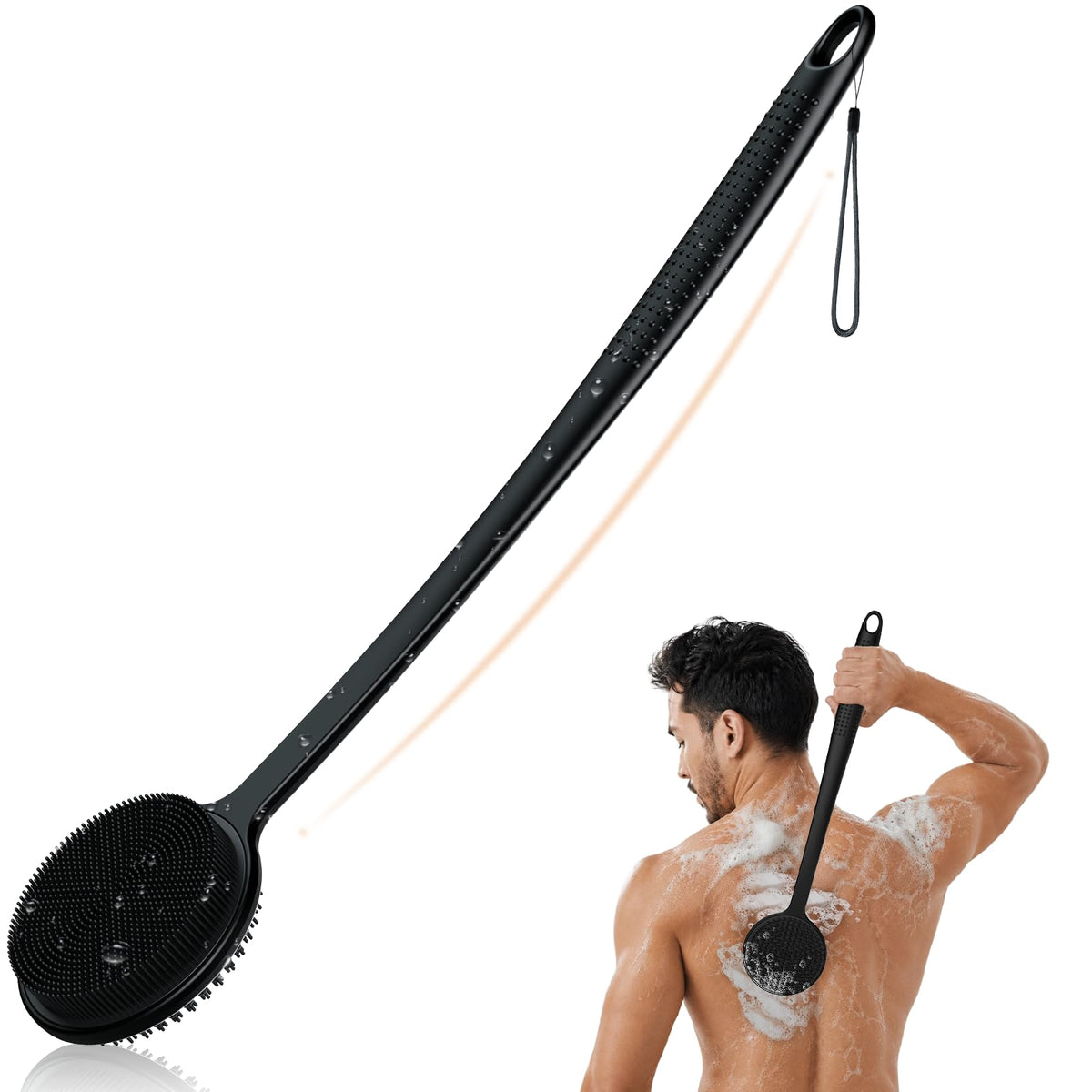 VWMYQ Silicone Back Scrubber front view with double-sided brush head