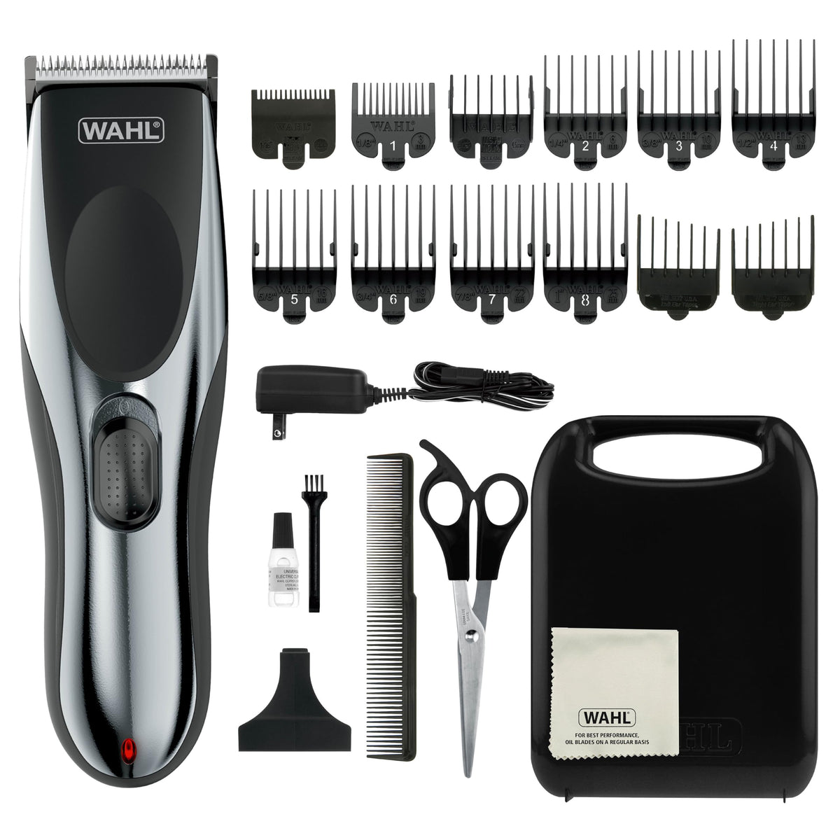 Wahl Clipper Rechargeable Hair Cutting Kit front view with accessories