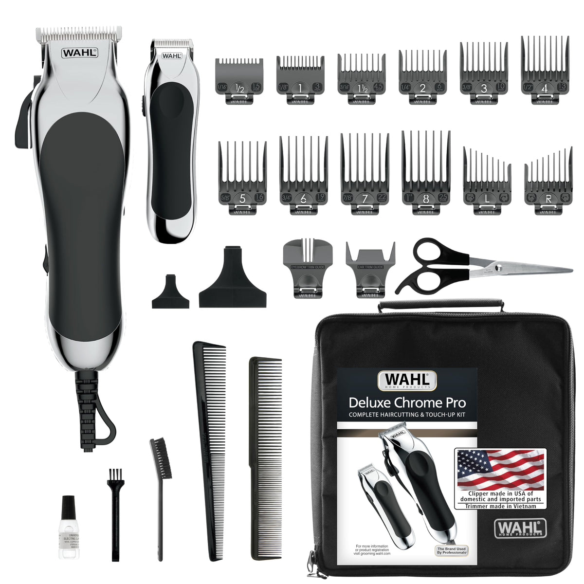 Wahl Deluxe Chrome Pro Hair Clipper front view with attachments