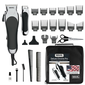 Wahl Deluxe Chrome Pro Hair Clipper front view with attachments