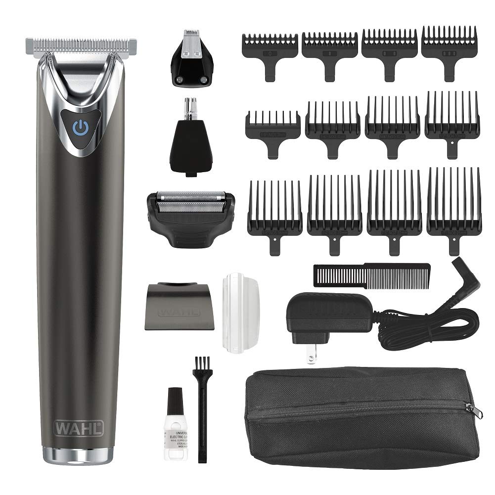 Wahl Stainless Steel Beard Trimmer front view with attachment heads