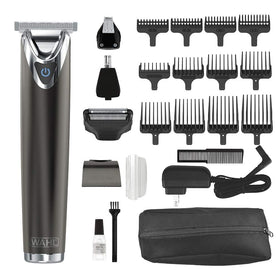 Wahl Stainless Steel Beard Trimmer front view with attachment heads