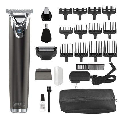 Wahl Stainless Steel Beard Trimmer front view with attachment heads