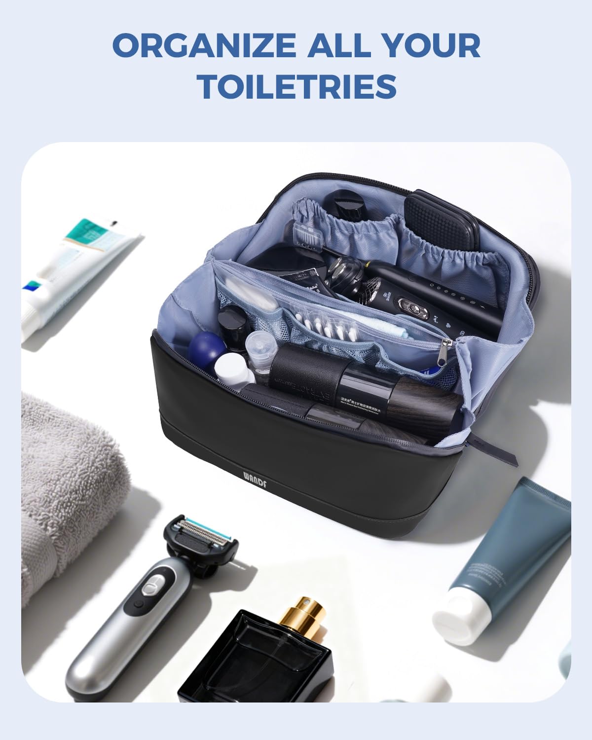 WANDF Toiletry Bag organized with grooming items inside