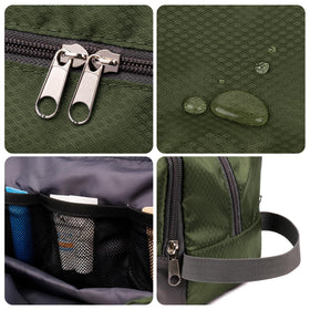 WANDF Travel Toiletry Bag compact size next to a travel suitcase