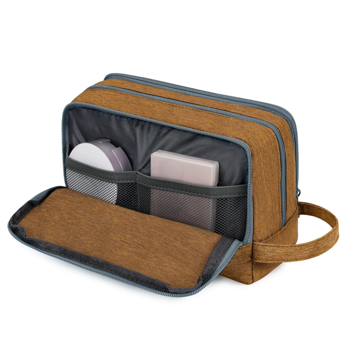 WANDF Travel Toiletry Bag compact size next to a travel suitcase
