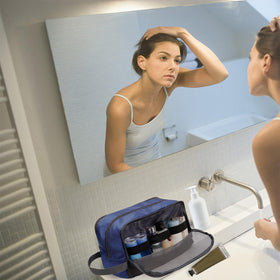 WANDF Travel Toiletry Bag open with toiletries inside