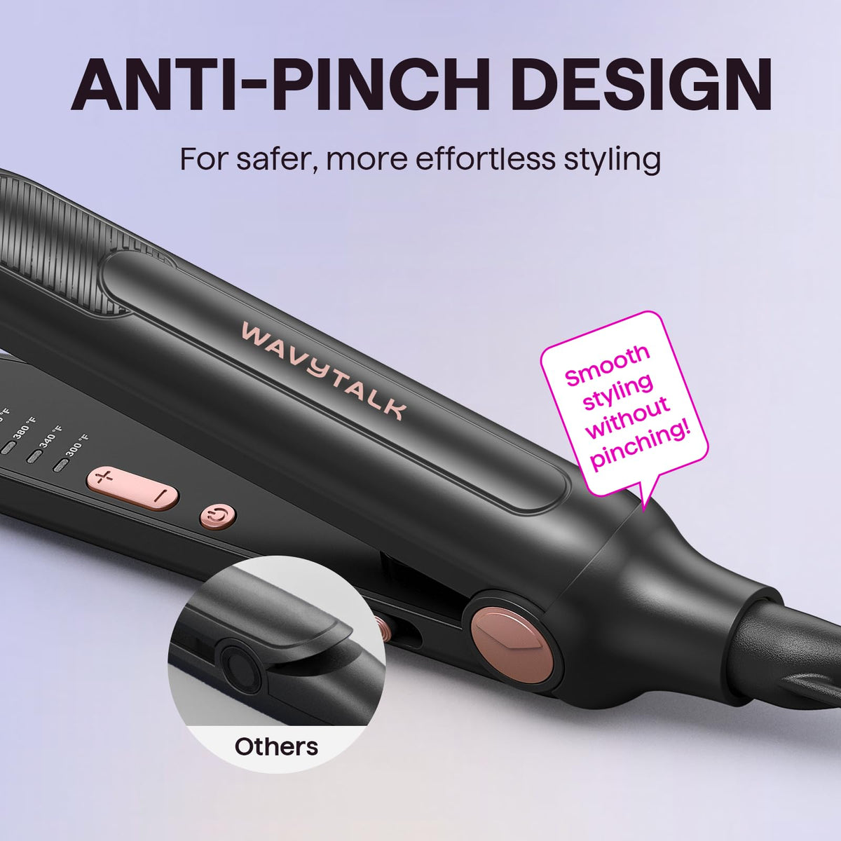 wavytalk flat iron demonstrating anti-pinch design