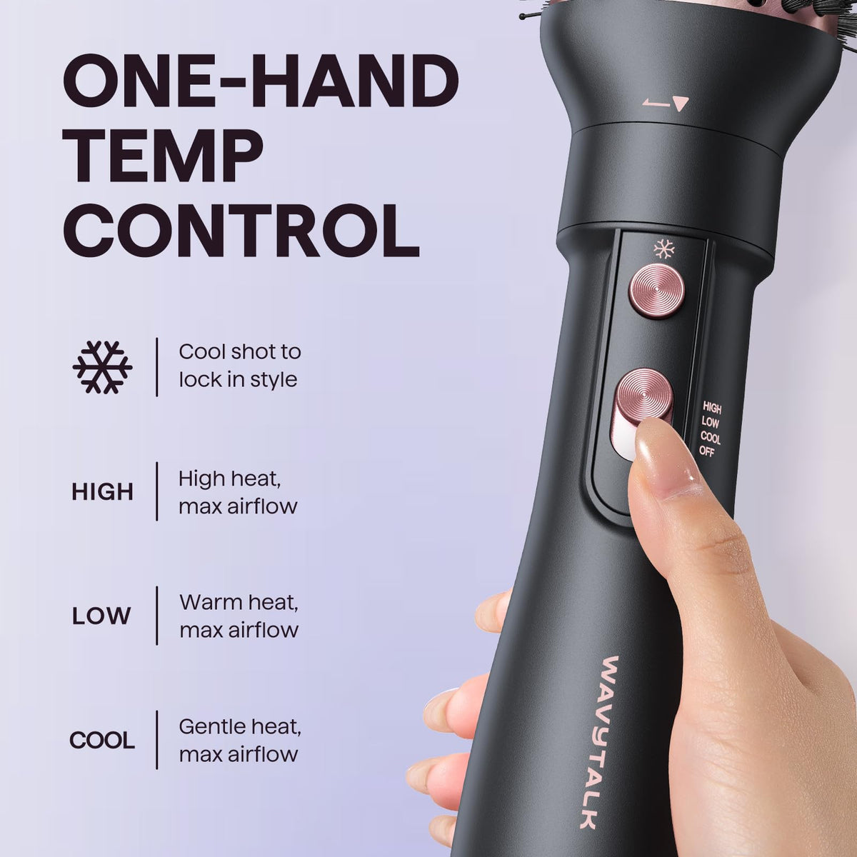 Wavytalk Hair Dryer Brush ergonomic design with thumb-access buttons