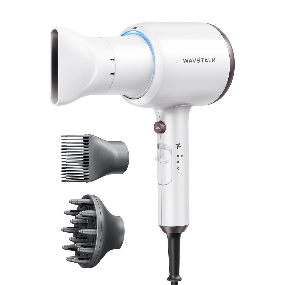 Wavytalk Ionic Hair Dryer front view with diffuser attachment