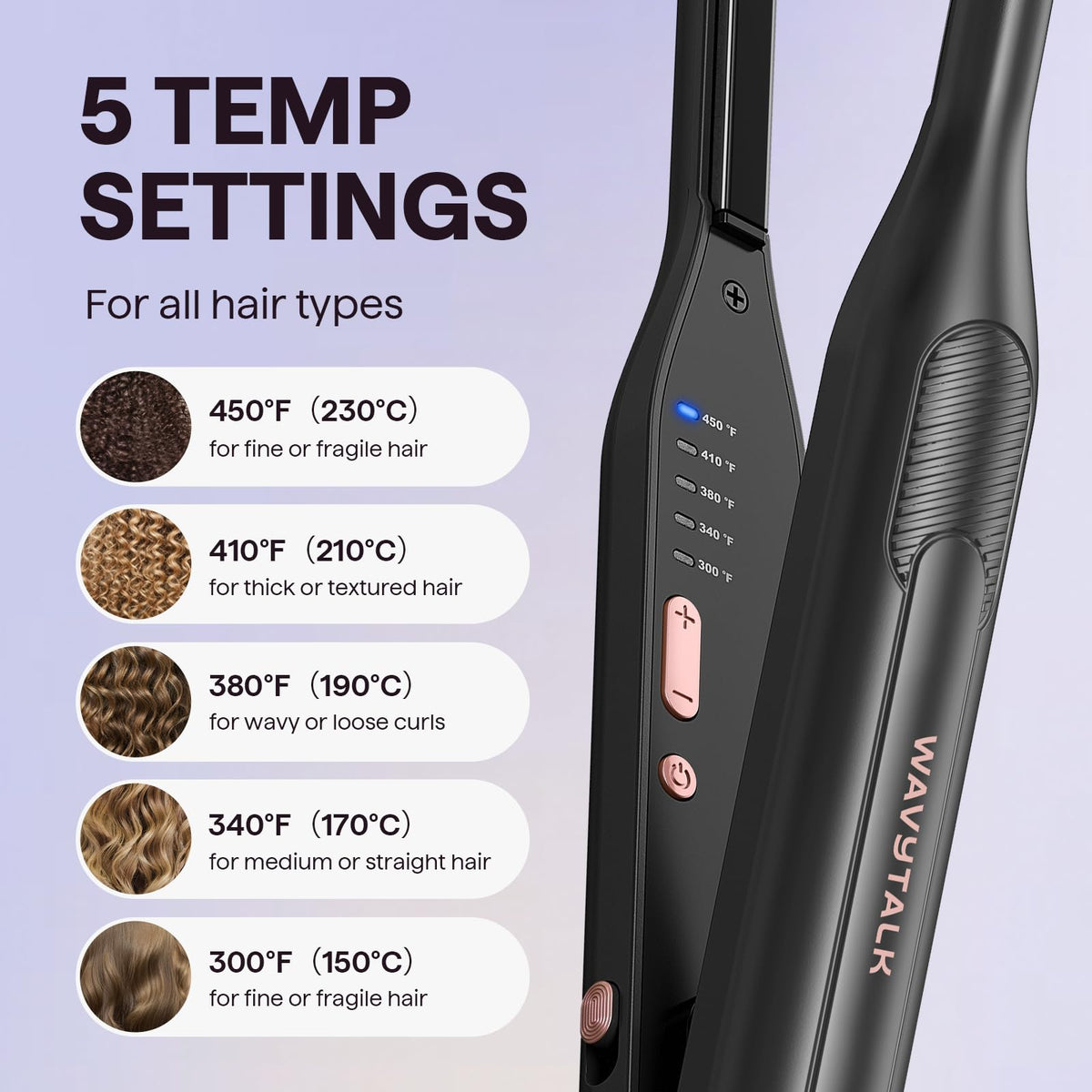 wavytalk small flat iron showing temperature settings
