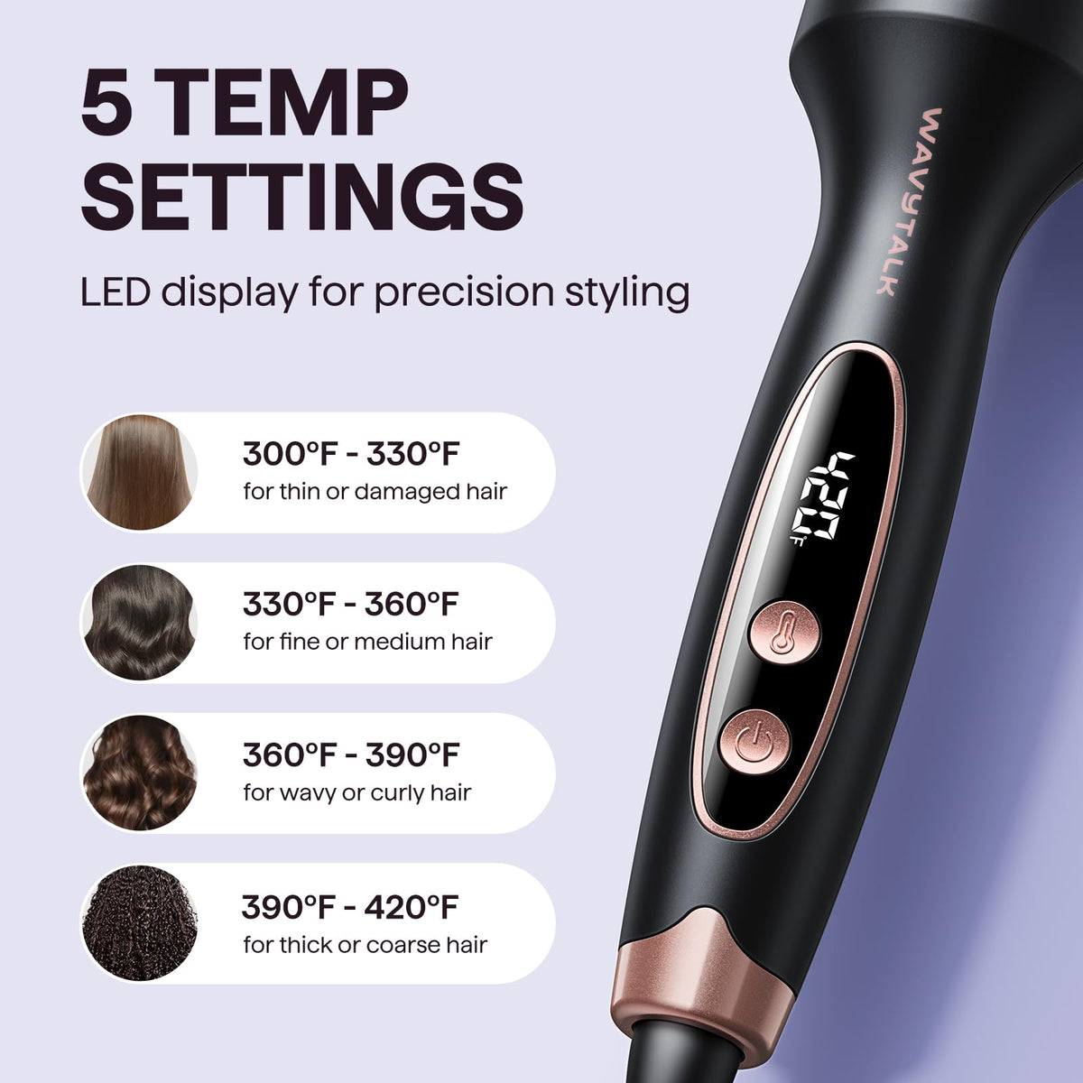 Wavytalk Thermal Brush with five temperature settings displayed