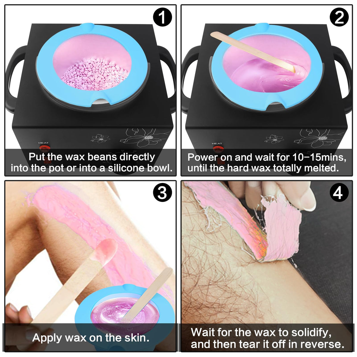 Wax warmer in use for hair removal on legs