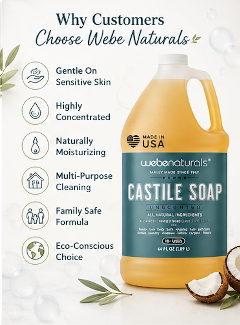 WEBE Pure Unscented Castile Soap on a kitchen sink