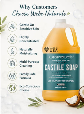 WEBE Pure Unscented Castile Soap on a kitchen sink