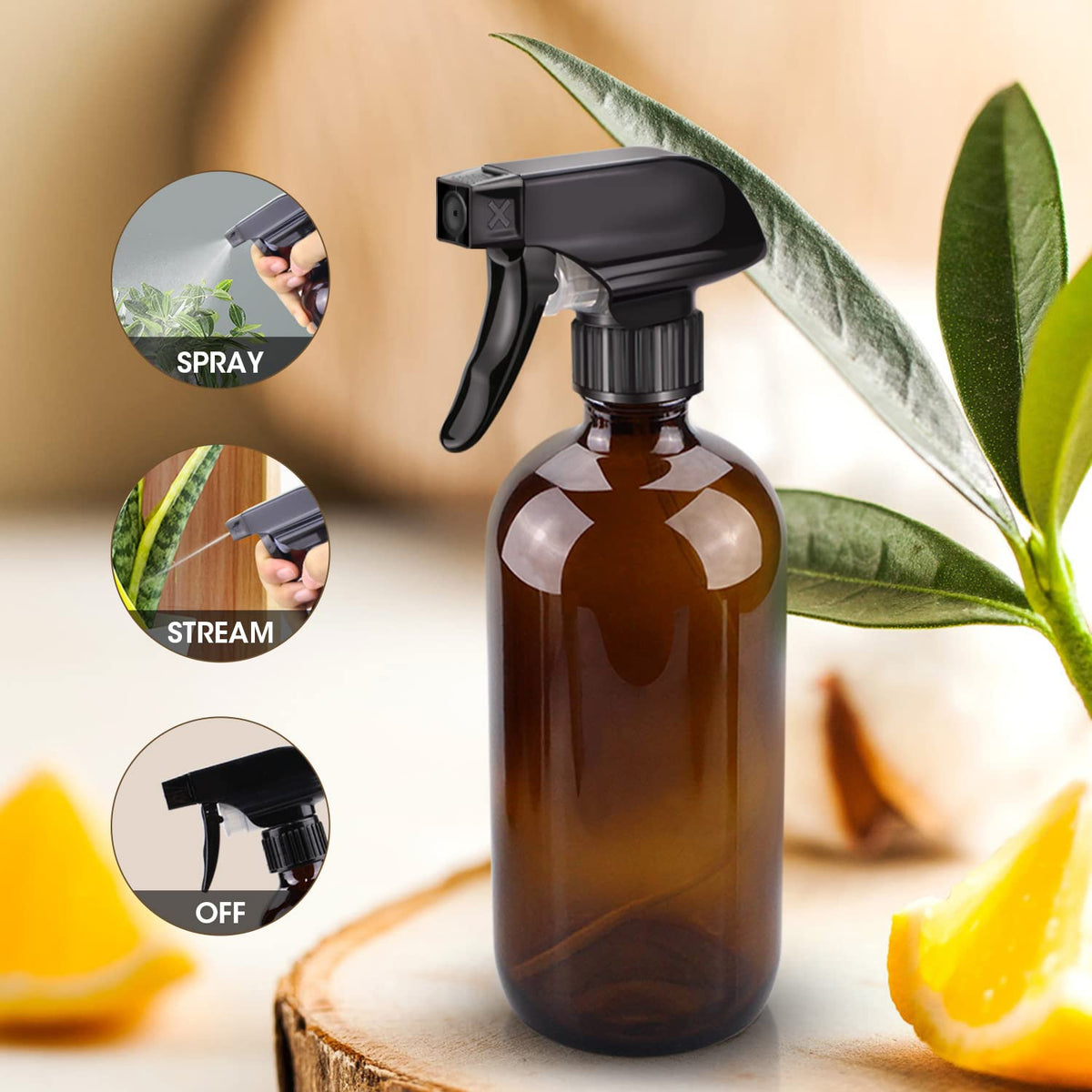 Wedama amber glass spray bottle side view showing capacity markings