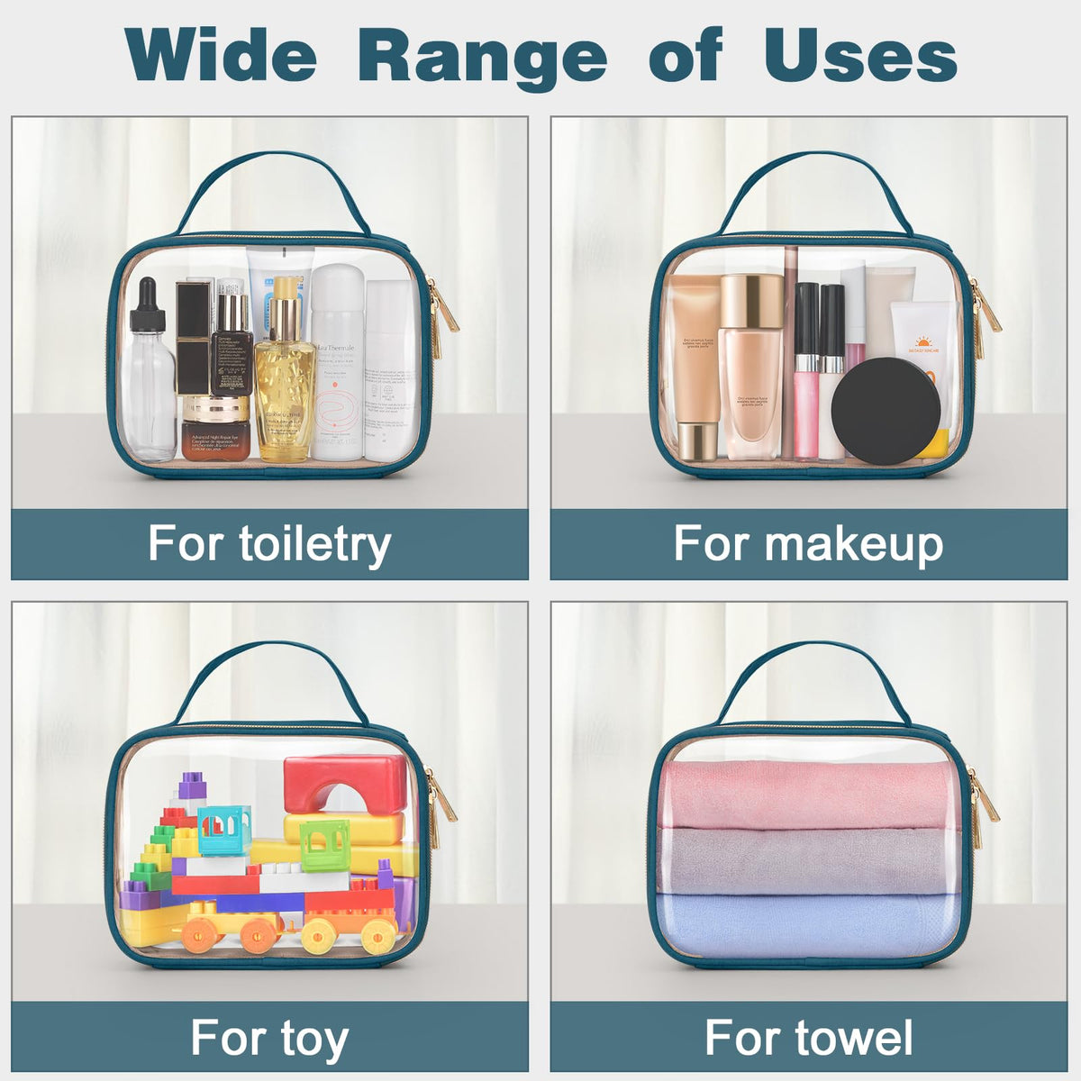Wedama clear cosmetic bag with various toiletries inside
