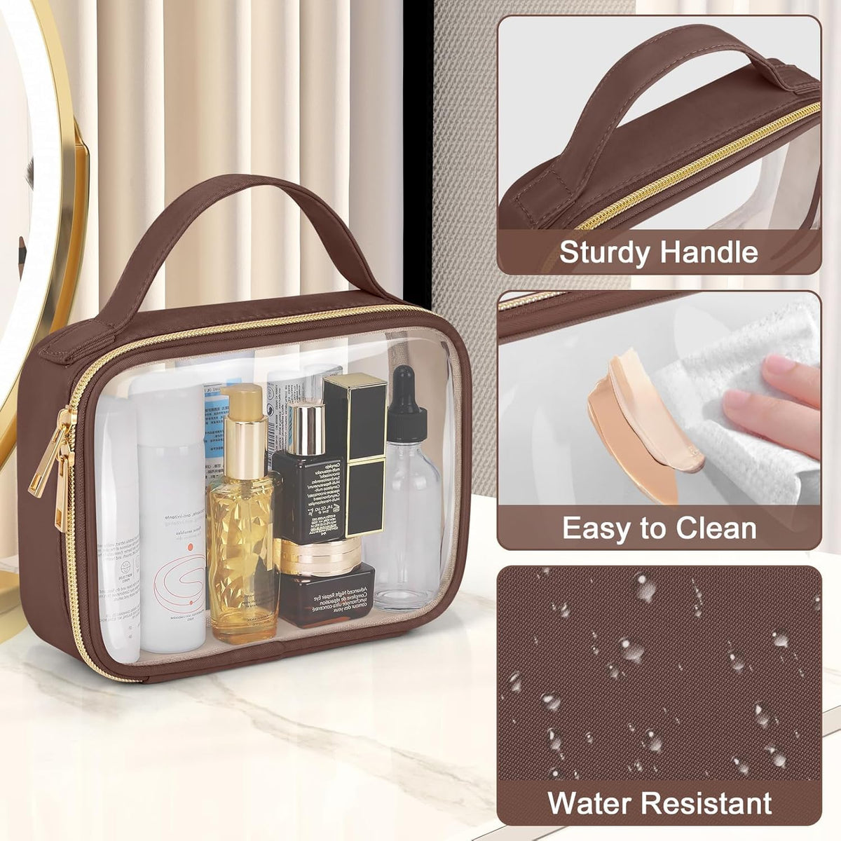 Wedama Clear Toiletry Bag displayed with travel accessories