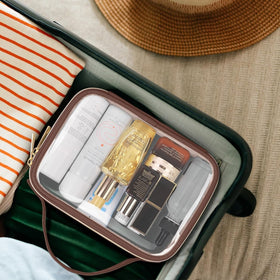 Wedama Clear Toiletry Bag packed for travel in a suitcase