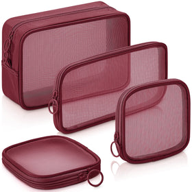 Weewooday mesh pouch set with four zipper bags in wine red