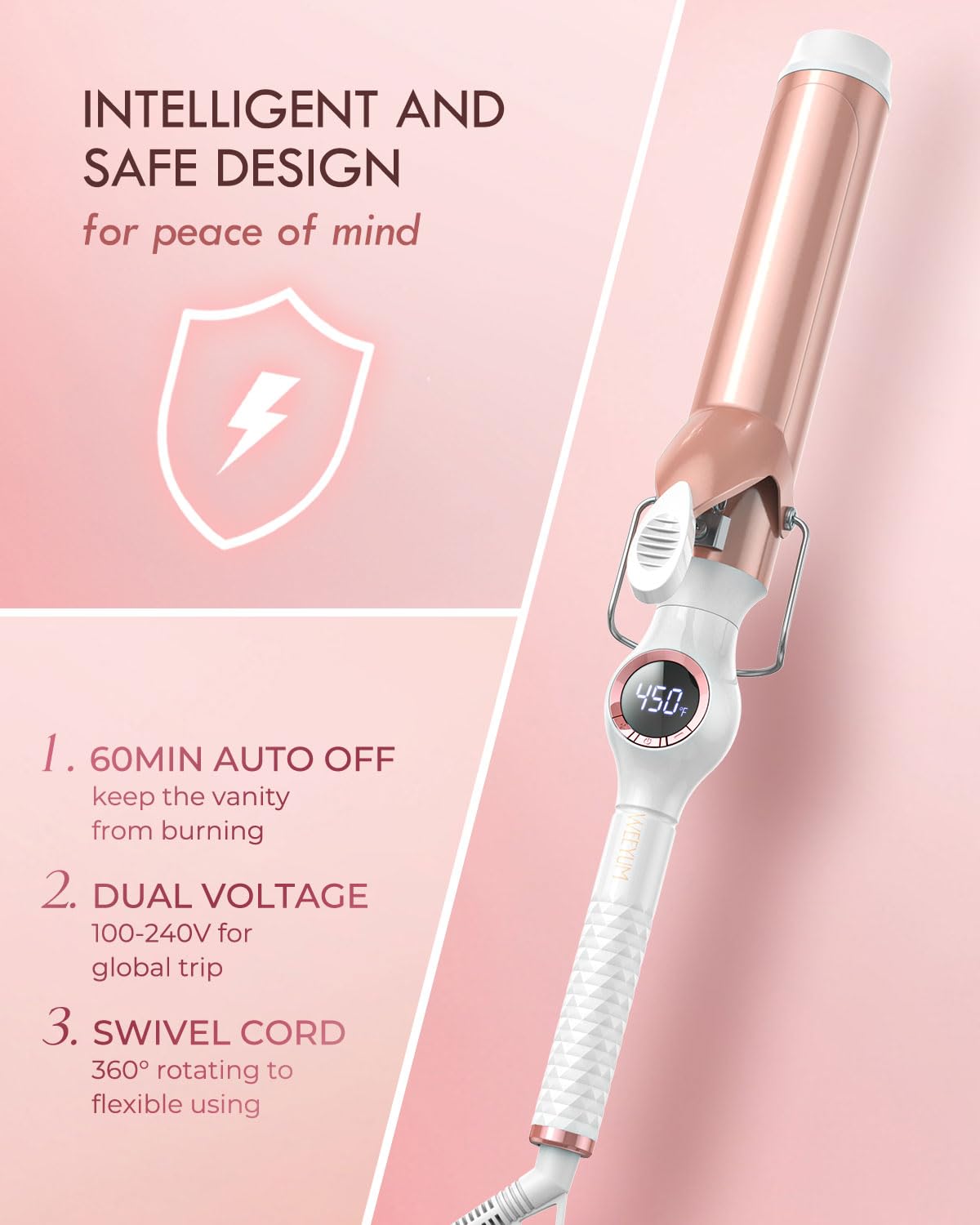 WEEYUM curling iron in lifestyle setting with styled hair